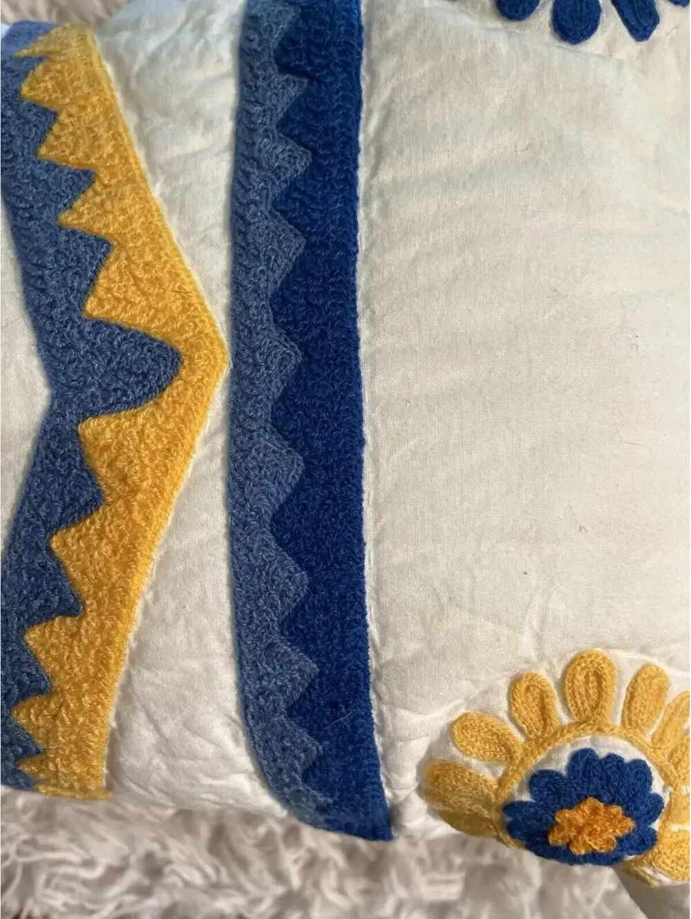24x15” Rectangle Quilted Flowers White Orange Blue Country Cottagecore Handmade